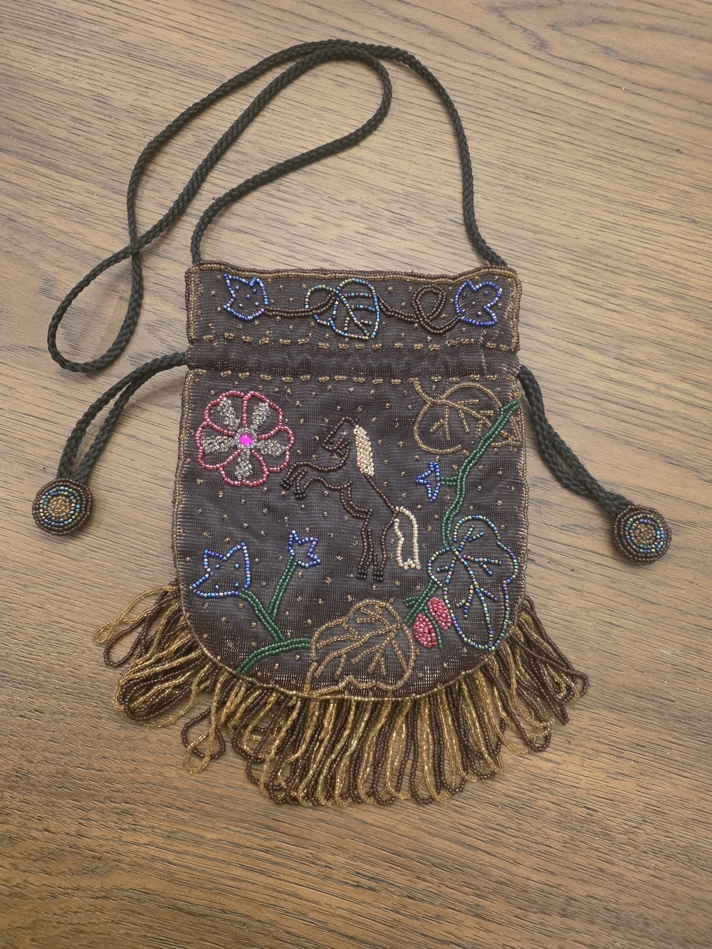 Brown Beaded Floral Mini Crossbody Bag with Fringe